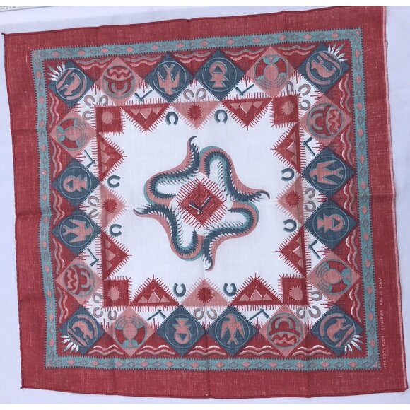 2 VTG Aztec Southwestern Bandana Handkerchief Native American Rockabilly Red - Picture 4 of 16